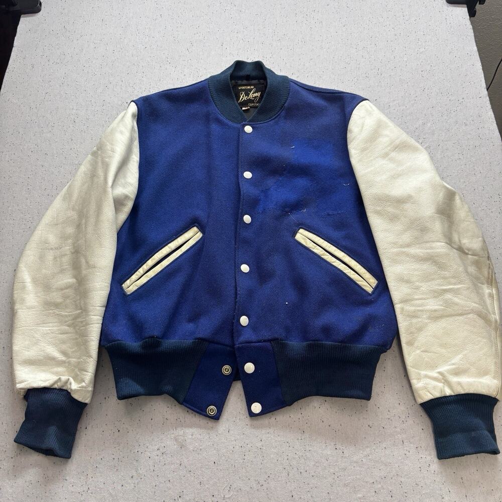 Vtg 80s 90s DeLong Classics Letterman Bomber Jacket Blue Wool Blank Size 38 USA